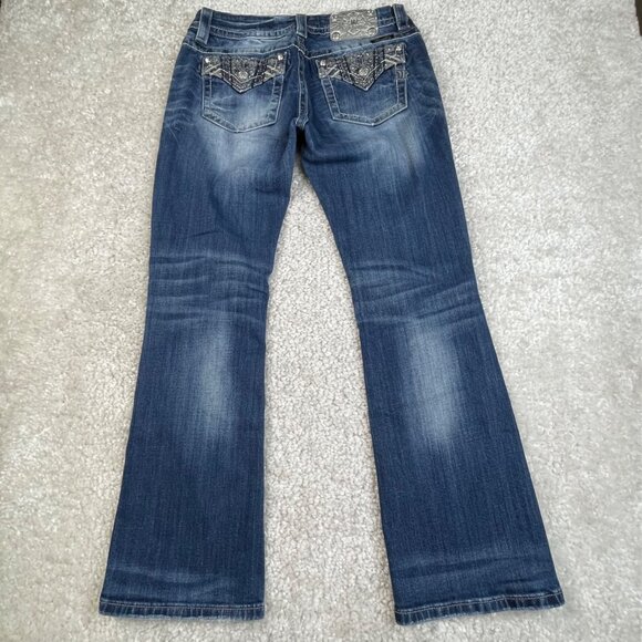 Miss Me Mid Rise Easy Boot Jean Embroidered Studded Flap Pockets Womens 28x30 - Picture 1 of 10